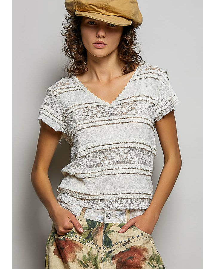 Feminine Lace V Neck Short Sleeve Top Trim Raw Edge