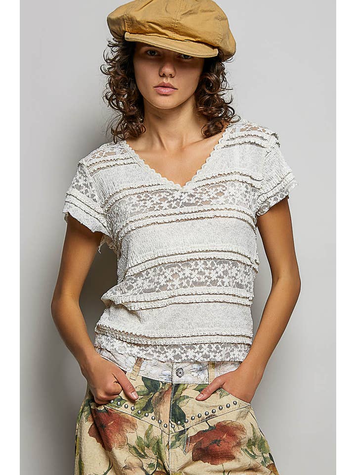 Feminine Lace V Neck Short Sleeve Top Trim Raw Edge
