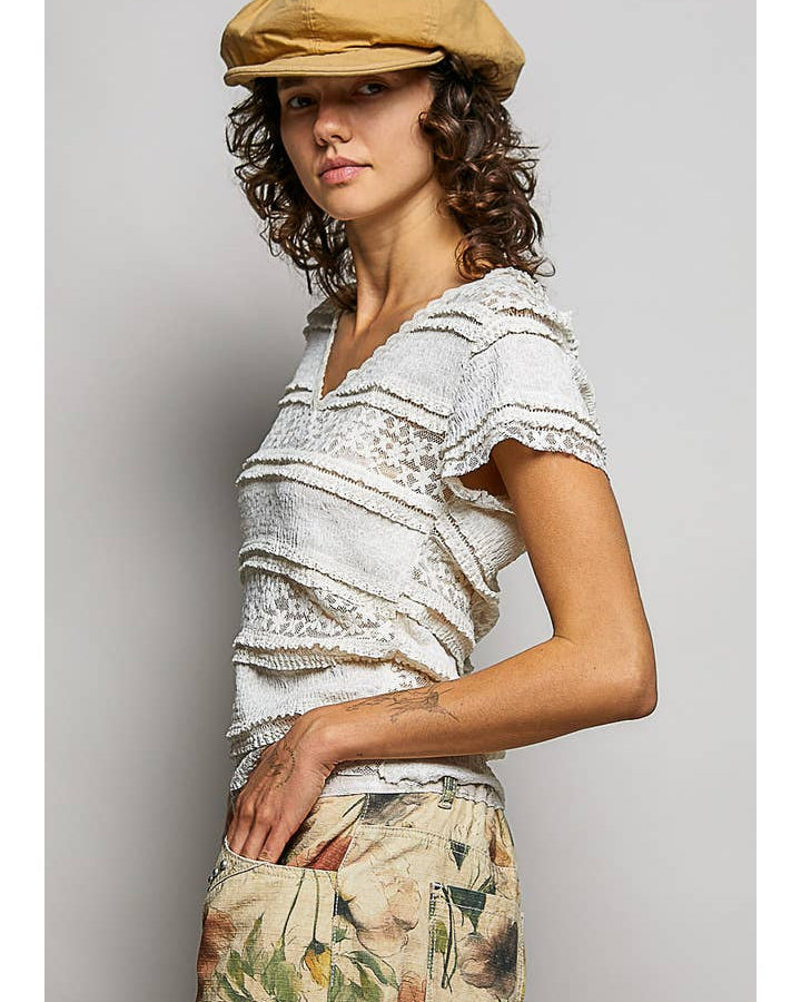Feminine Lace V Neck Short Sleeve Top Trim Raw Edge