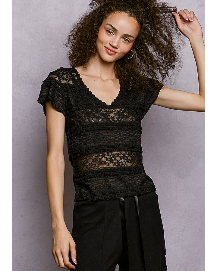 Feminine Lace V Neck Short Sleeve Top Trim Raw Edge