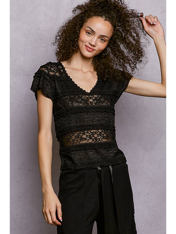 Feminine Lace V Neck Short Sleeve Top Trim Raw Edge