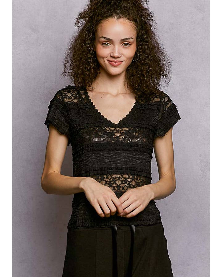 Feminine Lace V Neck Short Sleeve Top Trim Raw Edge