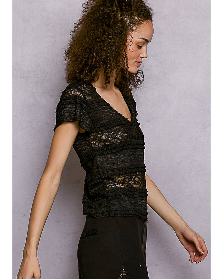 Feminine Lace V Neck Short Sleeve Top Trim Raw Edge
