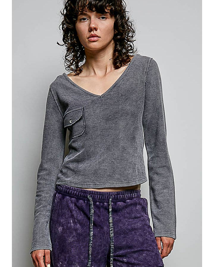 Long Sleeve Small Flap Pocket Texture Ribbed Soft Knit Top