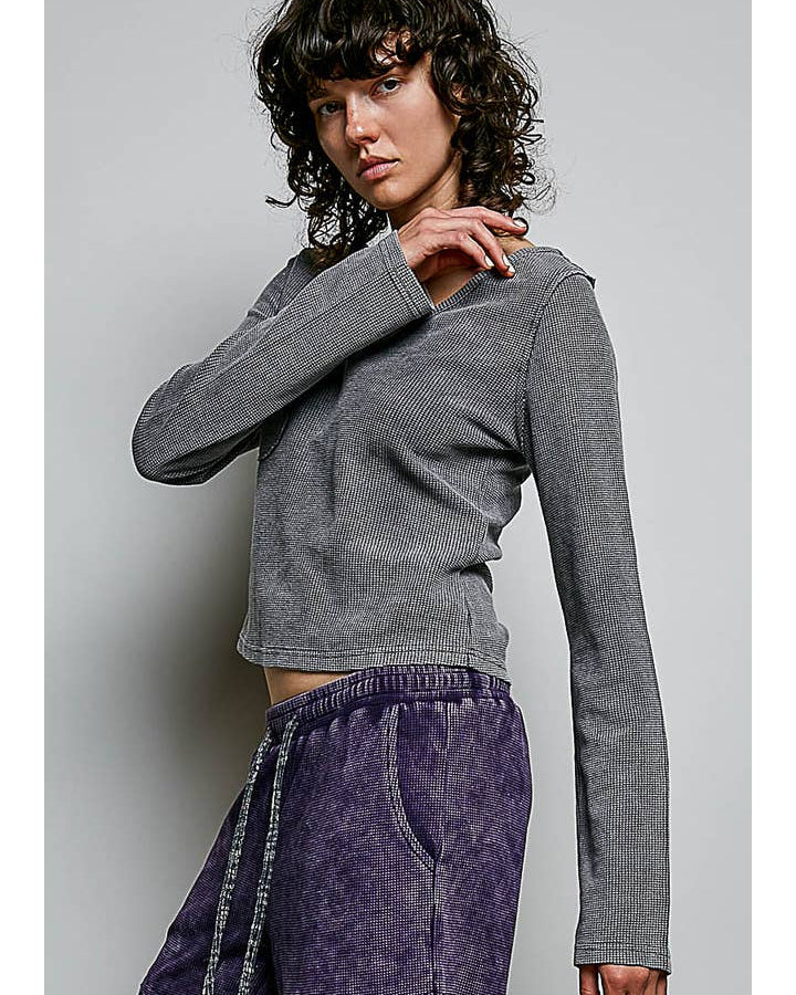 Long Sleeve Small Flap Pocket Texture Ribbed Soft Knit Top