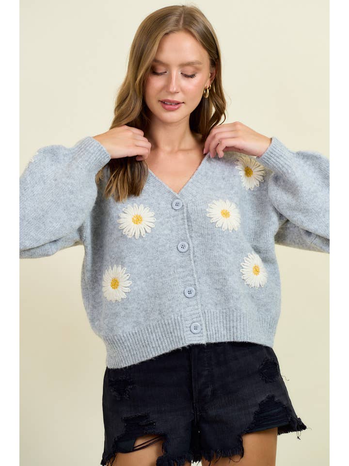 Floral Applique Button Down Sweater Cardigan - 10786J