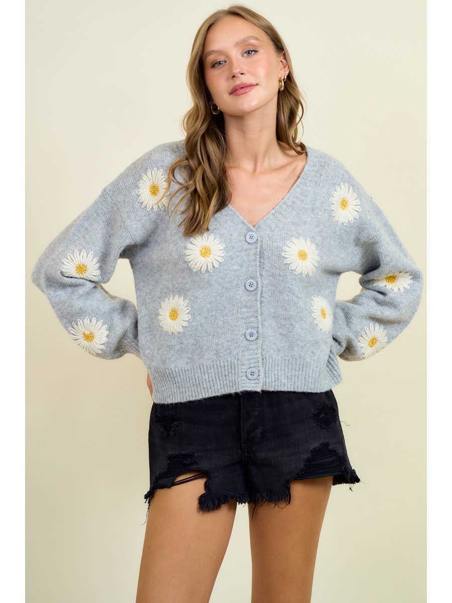 Floral Applique Button Down Sweater Cardigan - 10786J