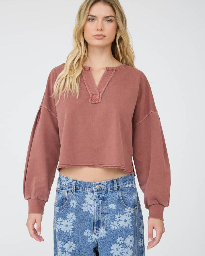 Notch Neck Boxy Long Sleeve Knit Crop Top