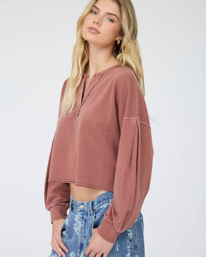 Notch Neck Boxy Long Sleeve Knit Crop Top