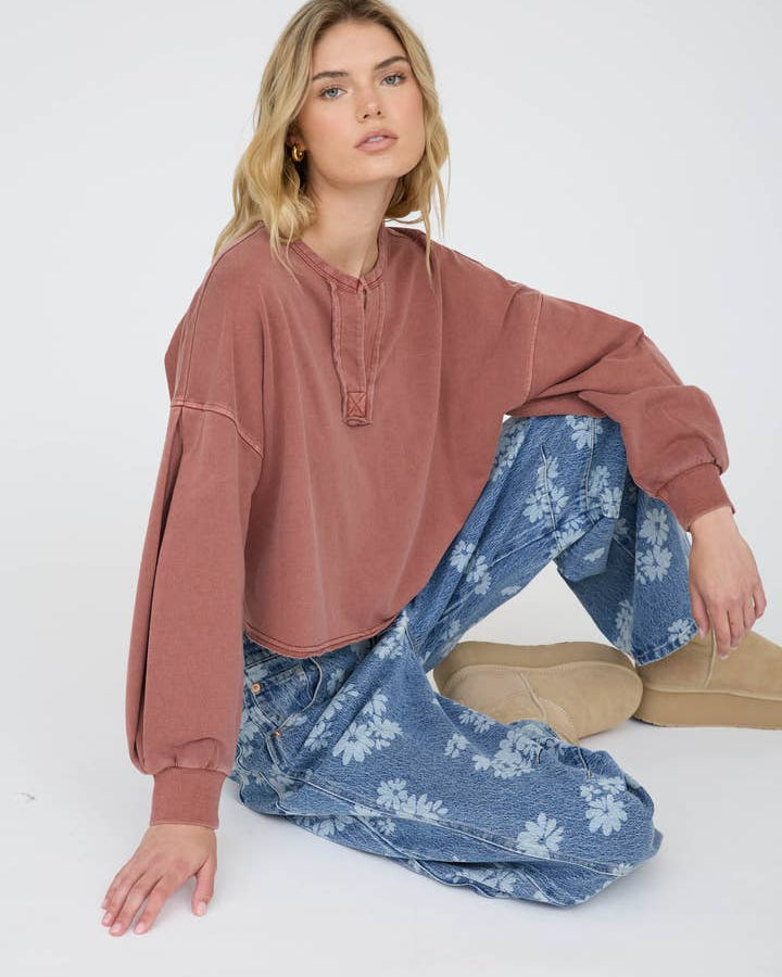 Notch Neck Boxy Long Sleeve Knit Crop Top