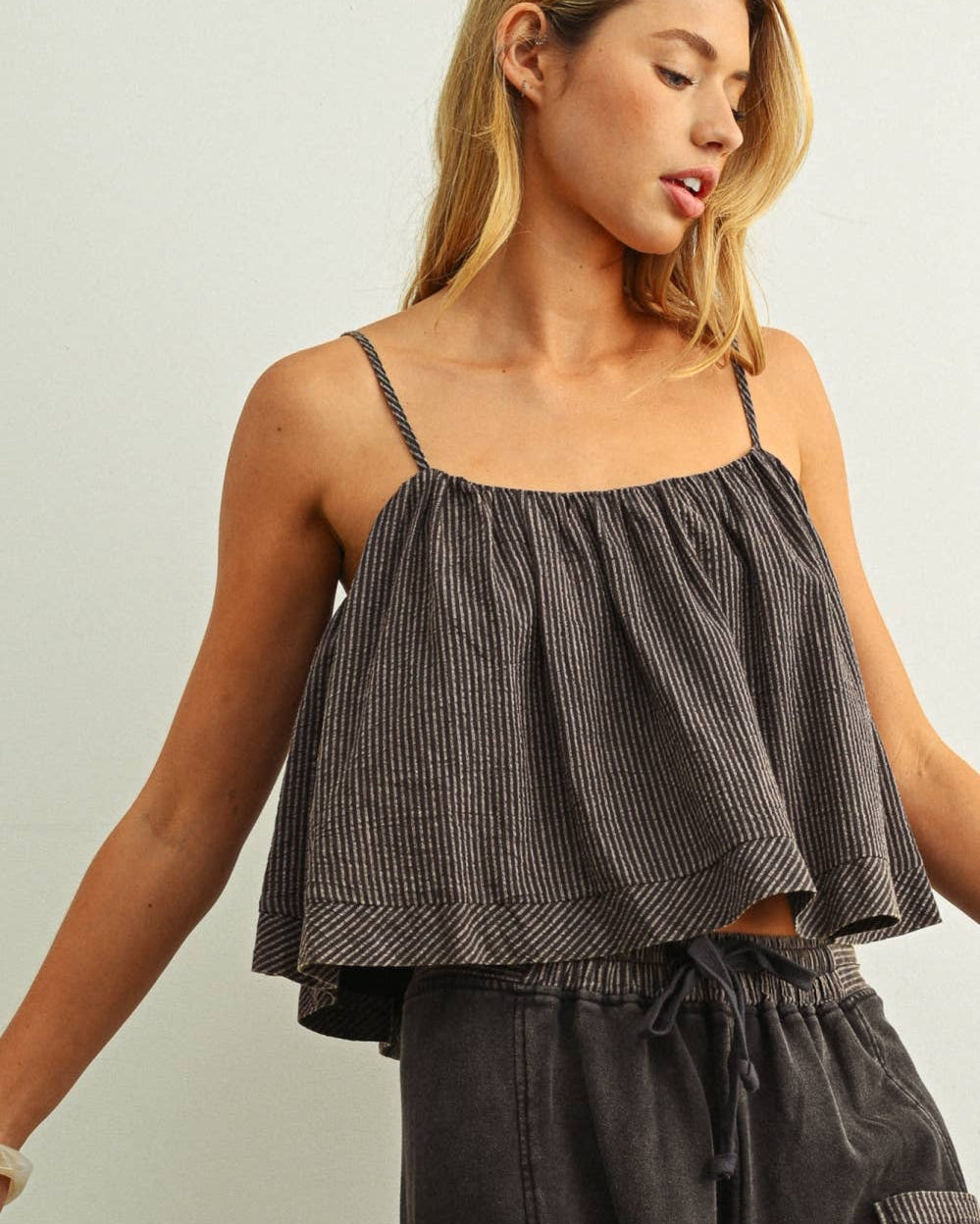 Striped Pattern Spaghetti Strap Full Crop Top