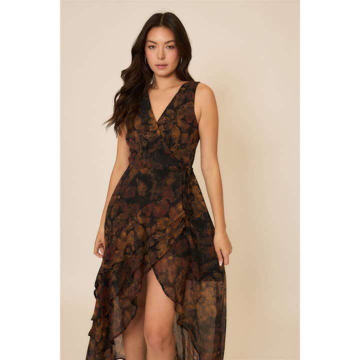 Sleeveless Floral Wrap Highlow Surplice Midi Dress
