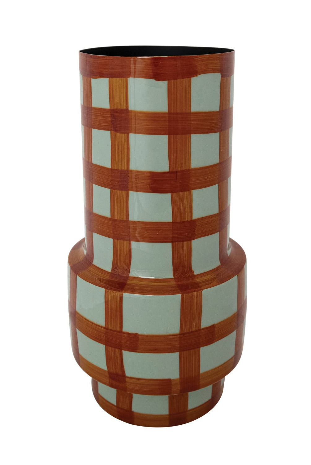 Enameled Metal Vase with Grid Pattern, Light Blue & Rust Color
