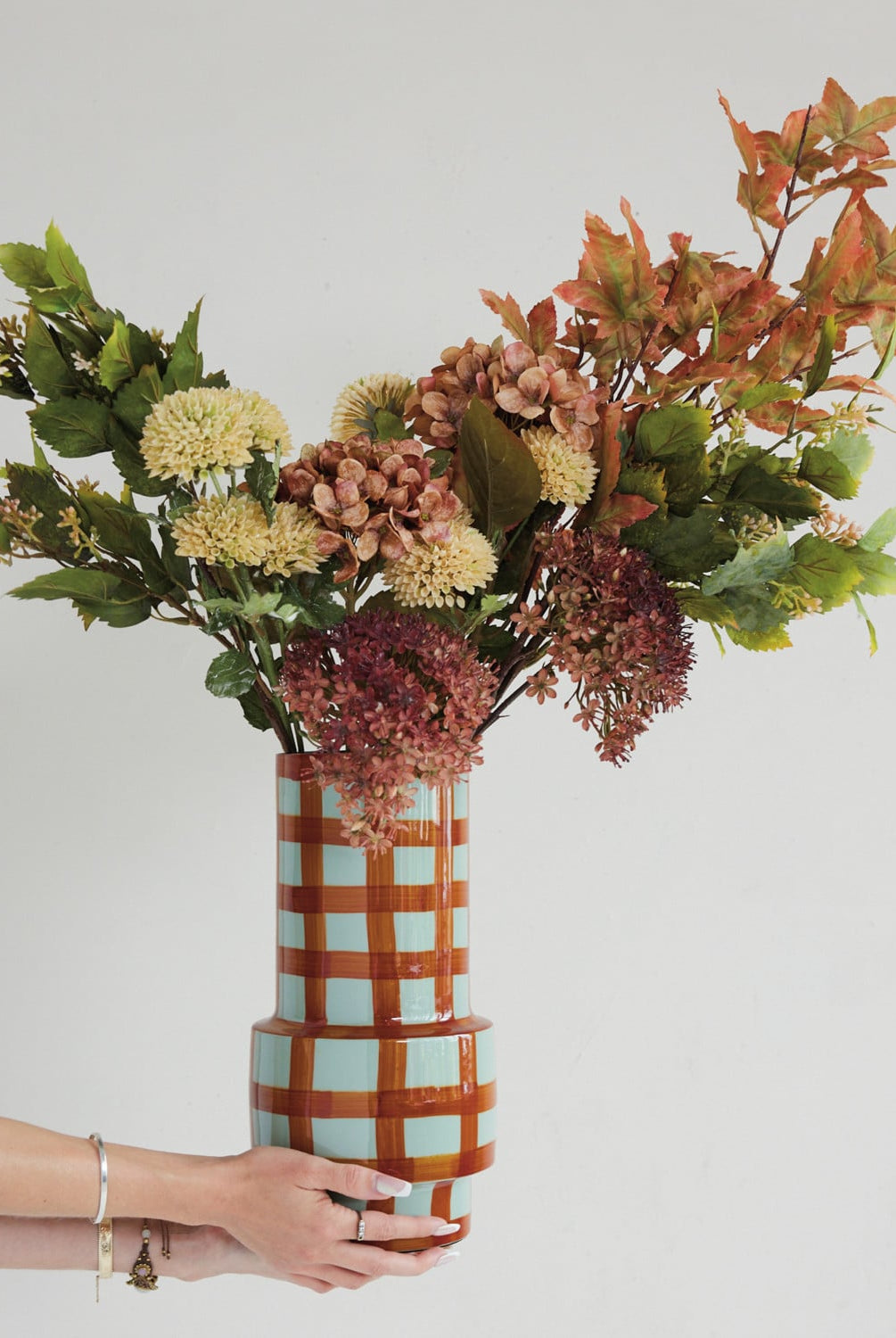 Enameled Metal Vase with Grid Pattern, Light Blue & Rust Color