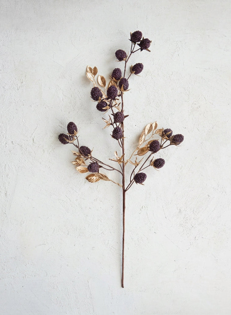 Faux Berry & Leaves Stem with Glitter, Gold Finish & Burgundy