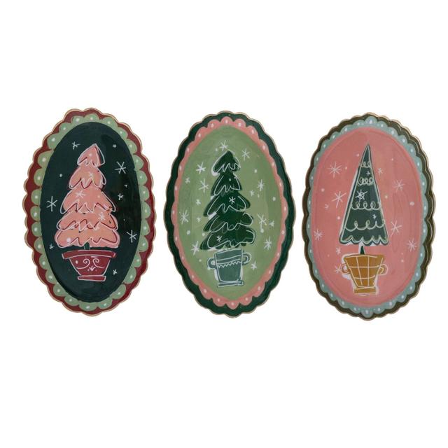 Enameled Metal Scalloped Tray with Tree & Gold Edge, 3 Styles e