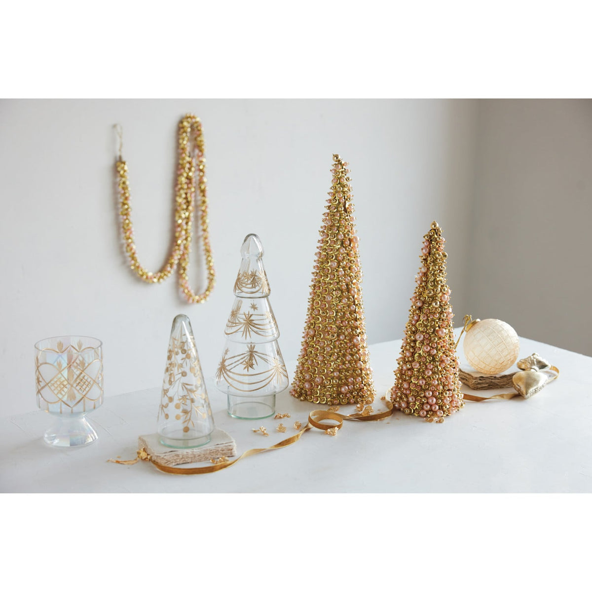 Hand-Blown Etched Glass Tree with Design, Gold Finish