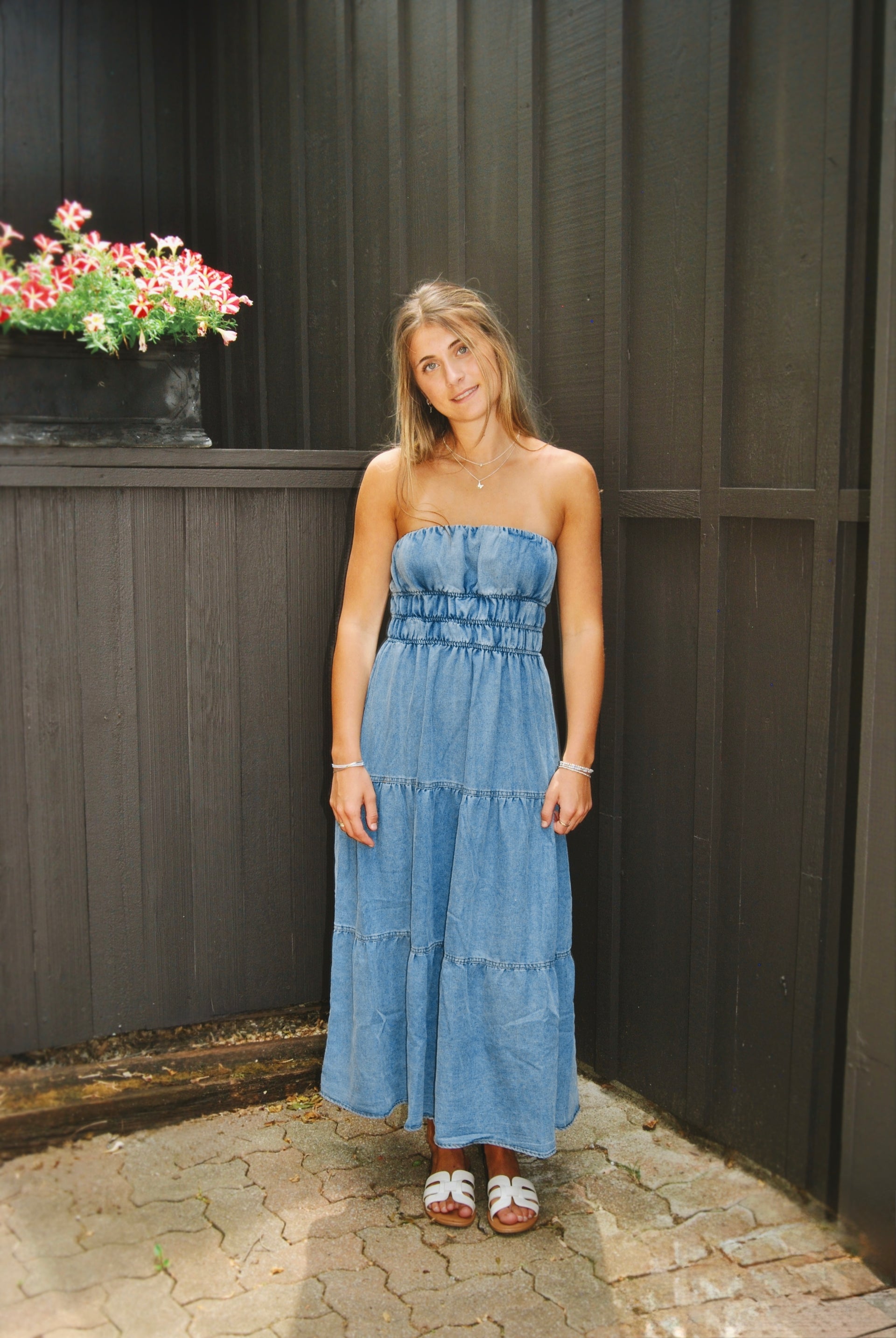 In the Moment Denim Strapless Midi Sundress S / Denim