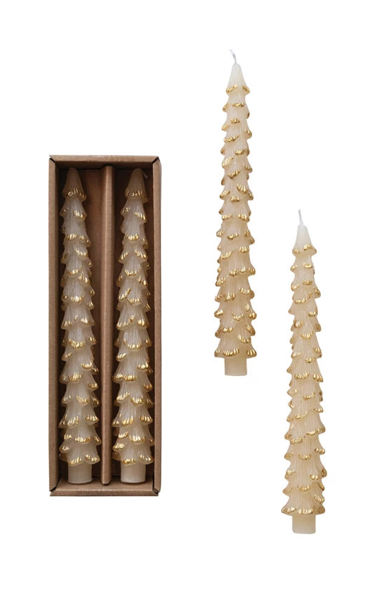 Unscented Tree Shaped Taper Candes in Box, Eggnog Color, Set of 2