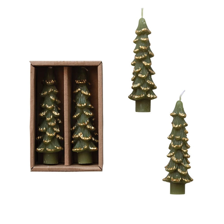 Unscented Tree Shaped Taper Candles w/ Gold Tips in Box, Set of 2