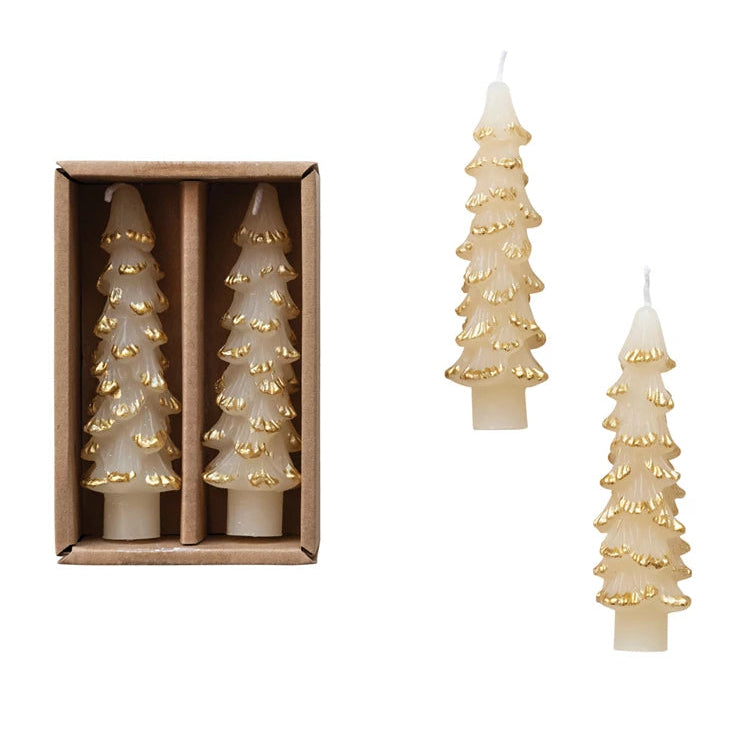 Unscented Tree Shaped Taper Candles w/ Gold Tips in Box, Eggnog Color, Set of 2