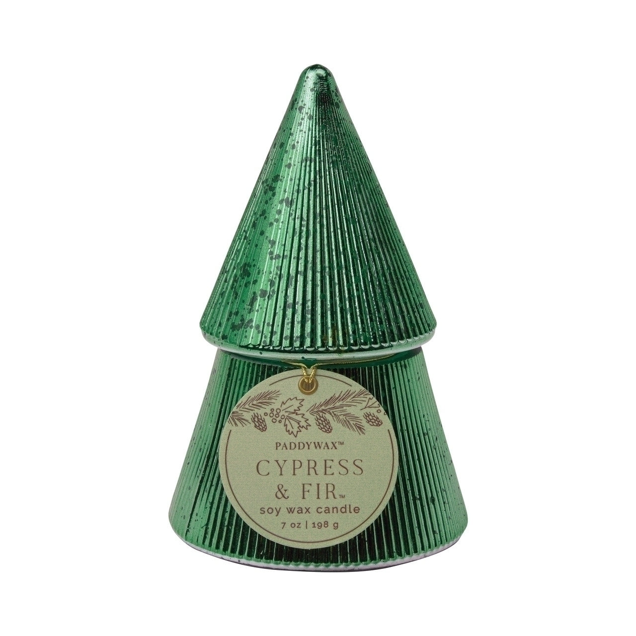 Green Ribbed Mercury Stacked Tree Candle - Cypress & Fir