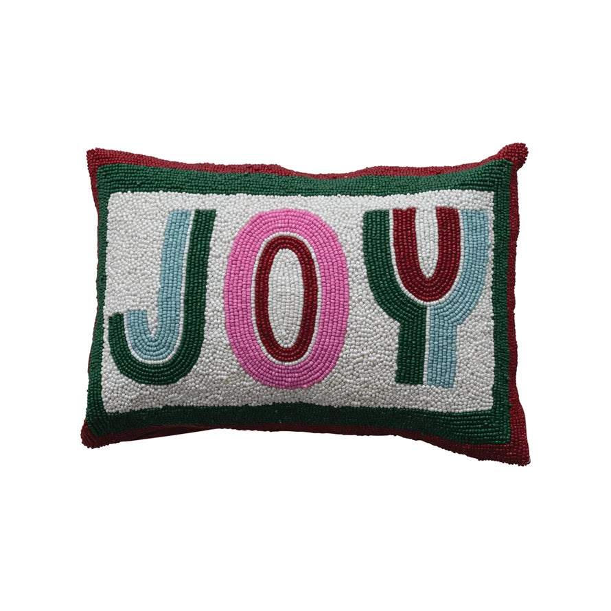 14"L x 10"H Cotton Blend Beaded Lumbar Pillow "JOY", Multi Color