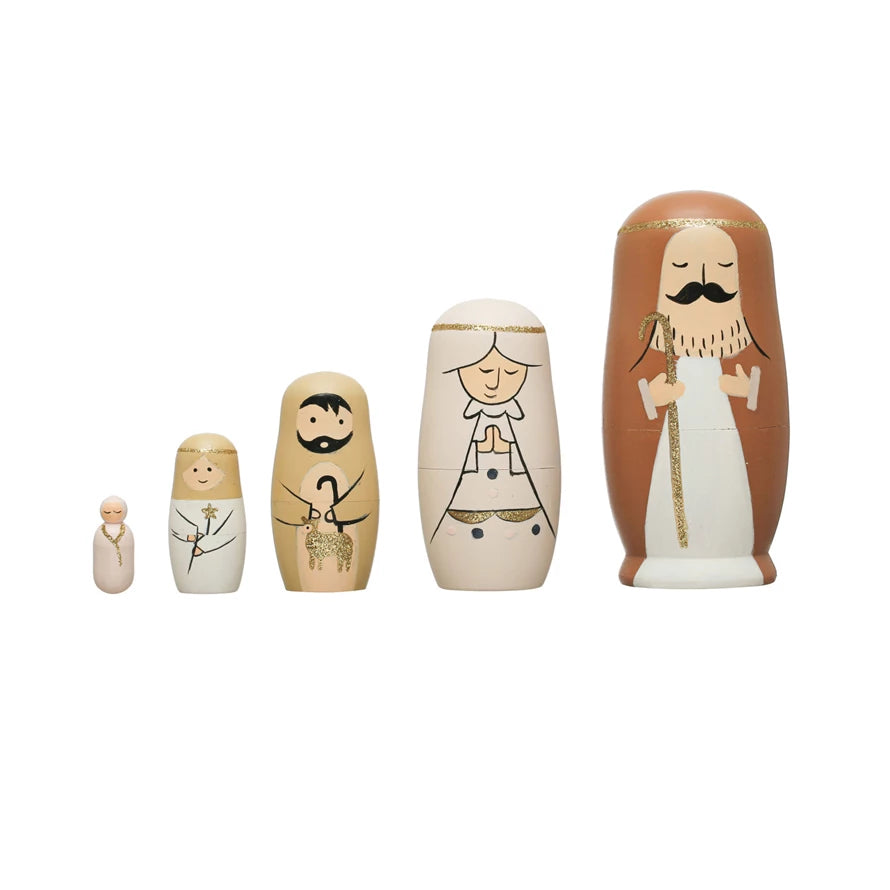 1-1/4"H - 5-1/2"H Hand-Painted Wood Nativity Nesting Dolls, Multi Color, Set of 5