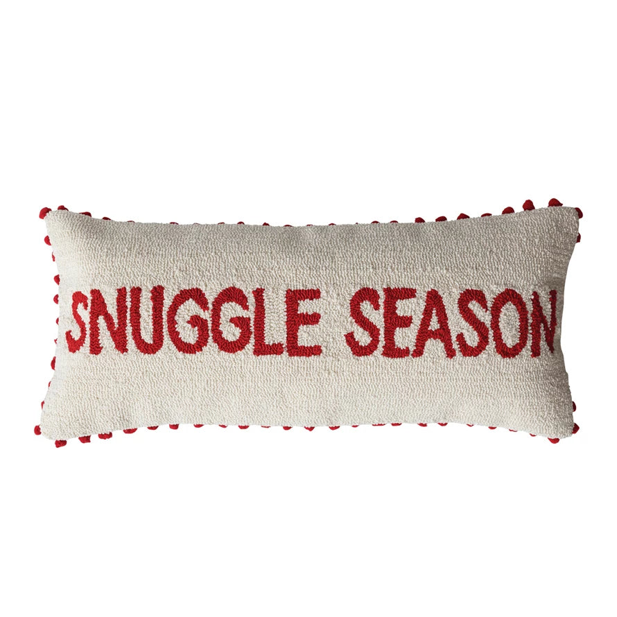 Tufted Lumbar Pillow with Pom Pom Trim "Snuggle Season", Natural & Red