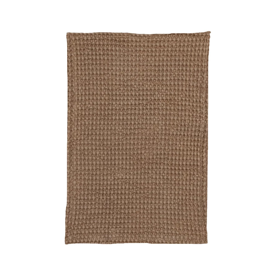 Stonewashed Cotton Waffle Weave Tea Towel, Camel Color