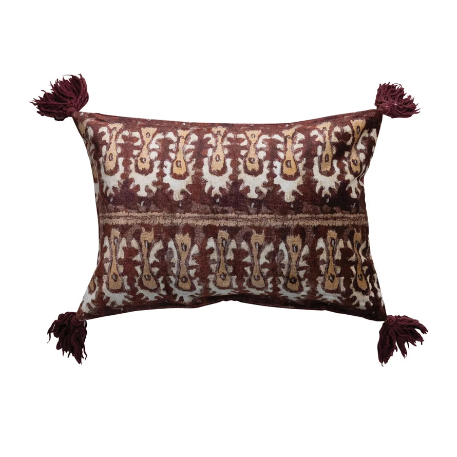 Cotton Velvet Ikat Printed Lumbar Pillow w/ Tassels
