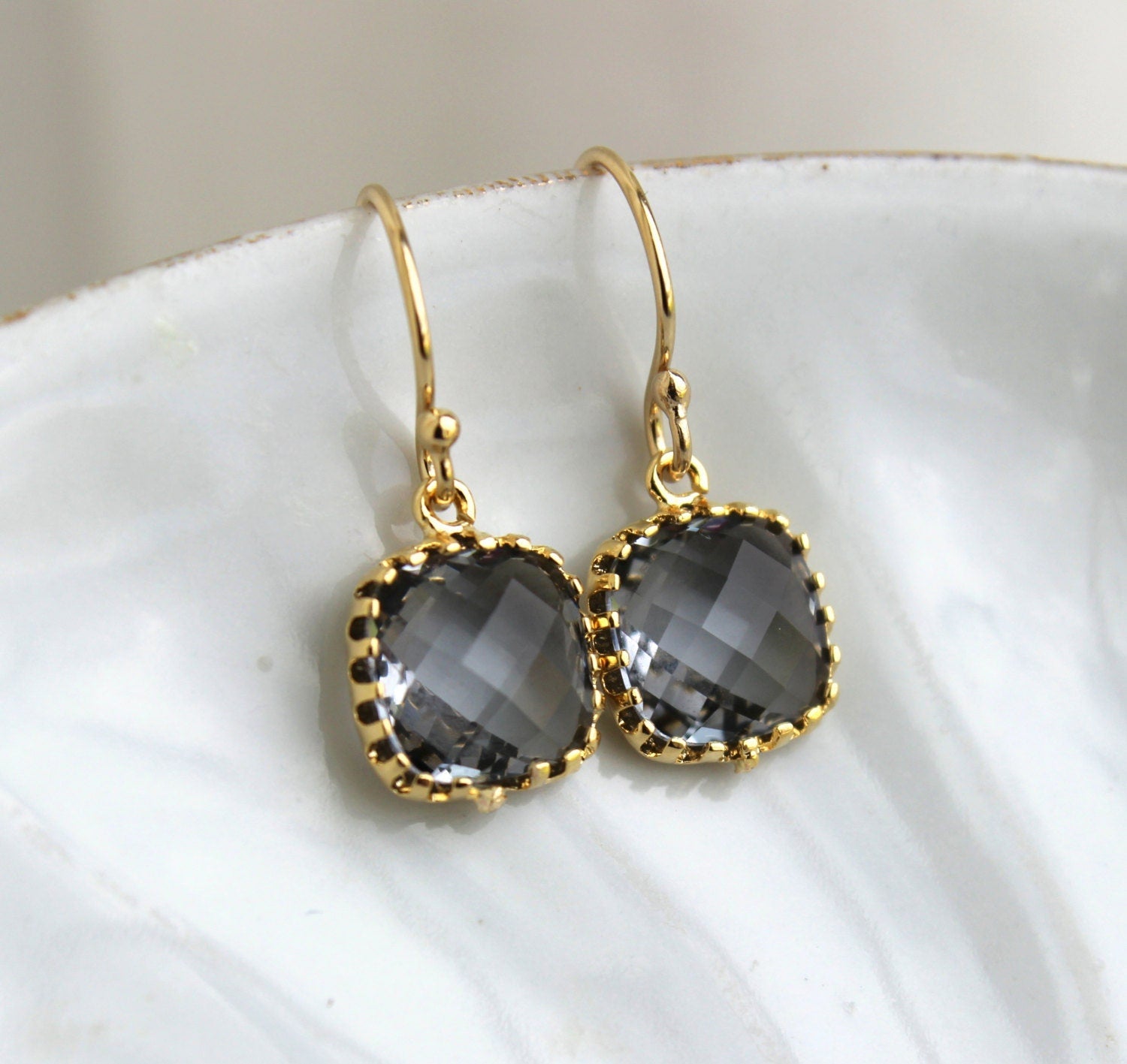 Dainty Charcoal Gray Earrings Gold Plated - Small Grey Bridesmaid Earring - Slate Pewter Wedding Jewelry - Christmas Gift Under 20