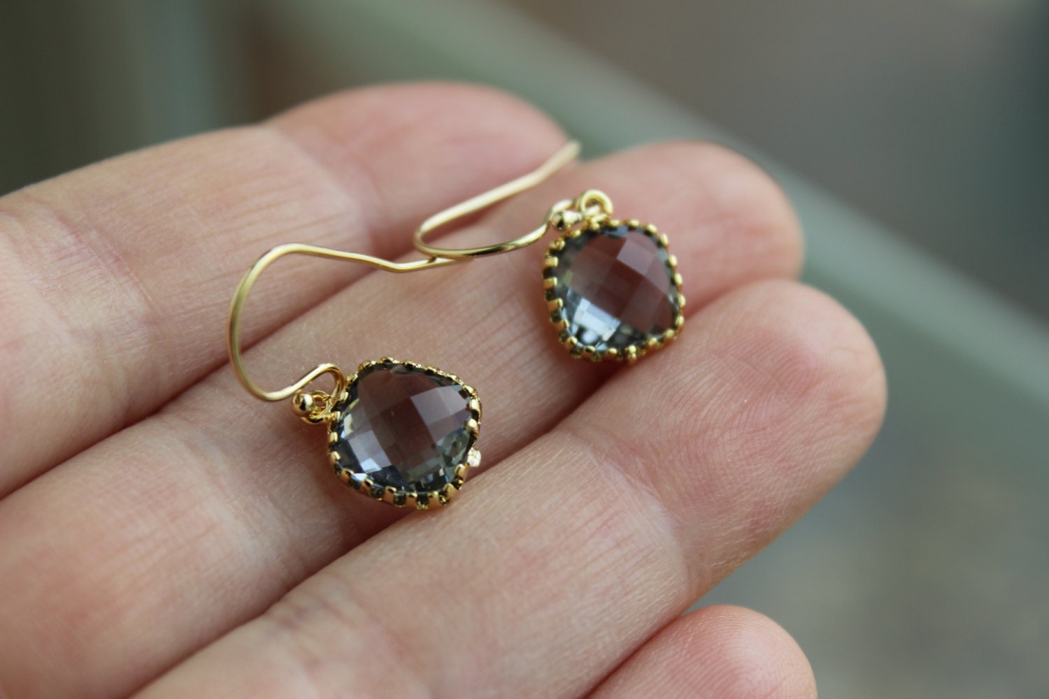 Dainty Charcoal Gray Earrings Gold Plated - Small Grey Bridesmaid Earring - Slate Pewter Wedding Jewelry - Christmas Gift Under 20