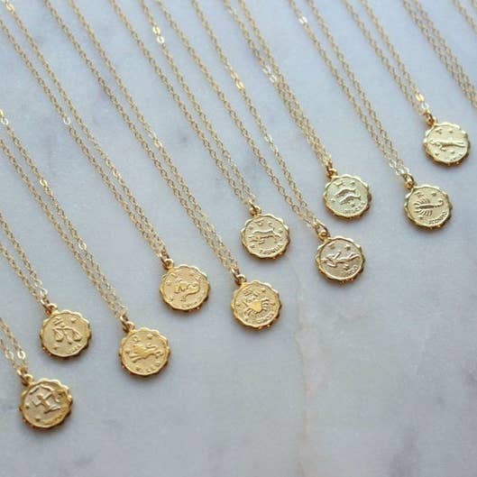 Gold Zodiac Necklace, Coin Zodiac, Zodiac Jewelry Gift