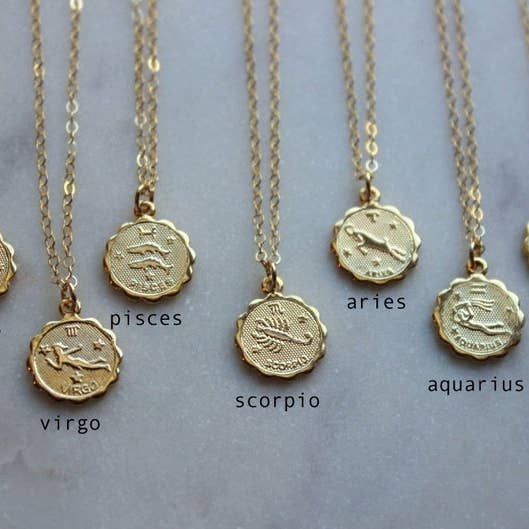 Gold Zodiac Necklace, Coin Zodiac, Zodiac Jewelry Gift