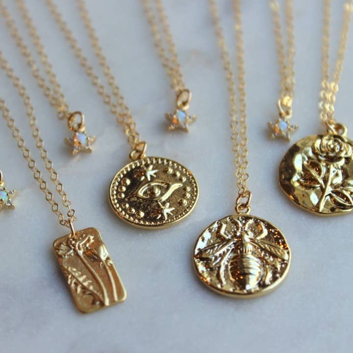 Gold Flower Necklace, Evil Eye Necklace, Bee Necklace, Star