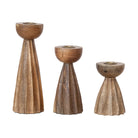 Carved Mango Wood Pleated Taper Holders, Natural, Set of 3