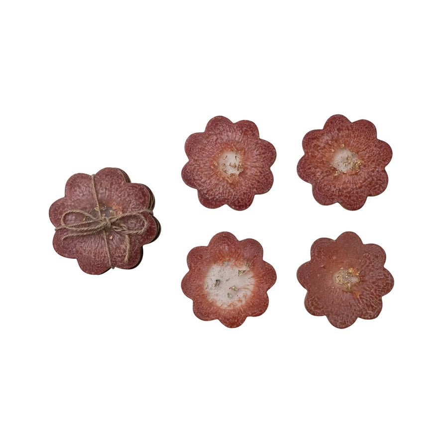 Flower Shaped Coasters with Gold Foil, Set of 4 Tied with Jute (Each One Will Vary)