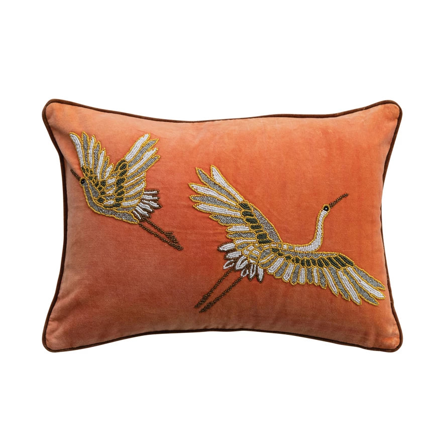 Cotton Velvet Lumbar Pillow with Beaded Cranes & Piping