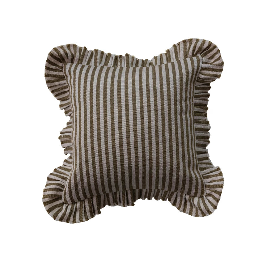 18" Square Woven Fabric Indoor/Outdoor Pillow with Stripes & Ruffle, Natural & Tan Color
