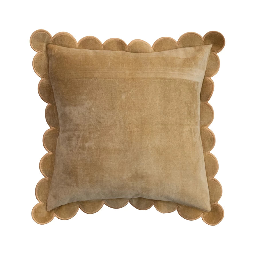 Cotton Velvet Pillow w/ Scalloped Flange & Embroidered Edge, Mustard Color