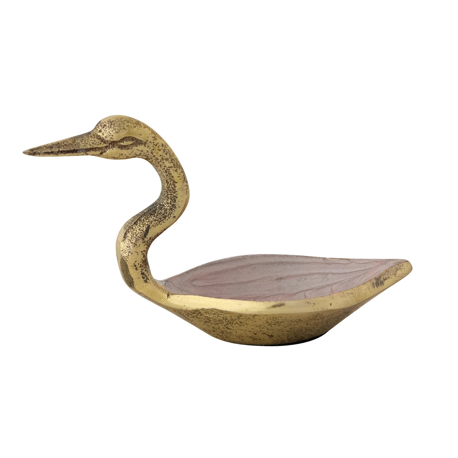 6-1/4"L x 2-1/4"W Enameled Cast Aluminum Bird Bowl, Antique Gold Finish & Blush Color