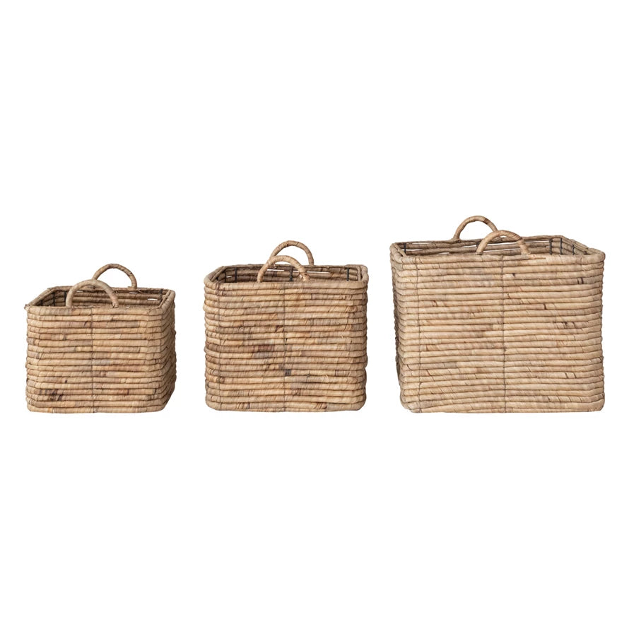 Hand-Woven Water Hyacinth Nesting Baskets with Handles, Natural, Set of 3