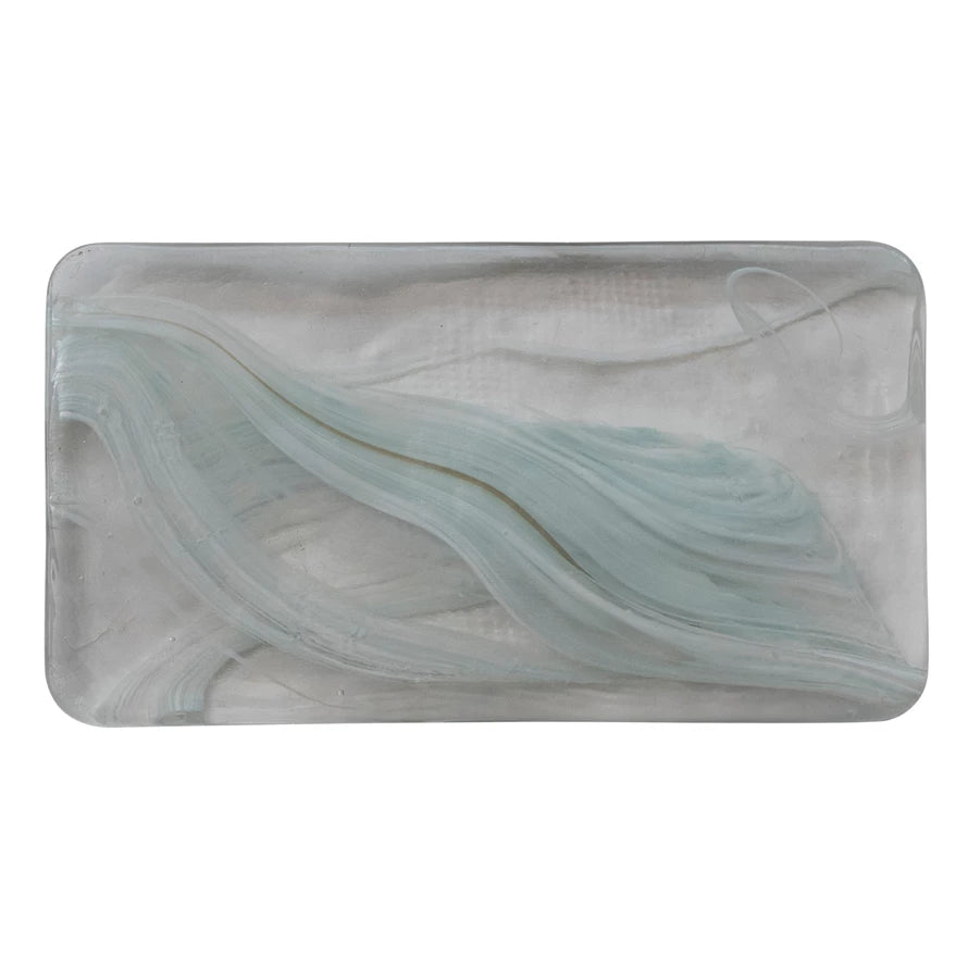 Art Glass Tray, White & Blue (Each One Will Vary)