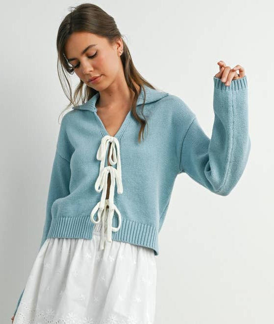 Tie-Front Collared V-Neck Knit Long Sleeve Top - BMW7894