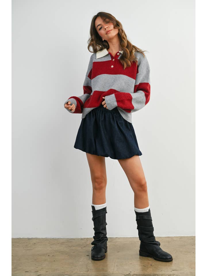 Buttoned Striped Collared Long Sleeve Top - BMW7979