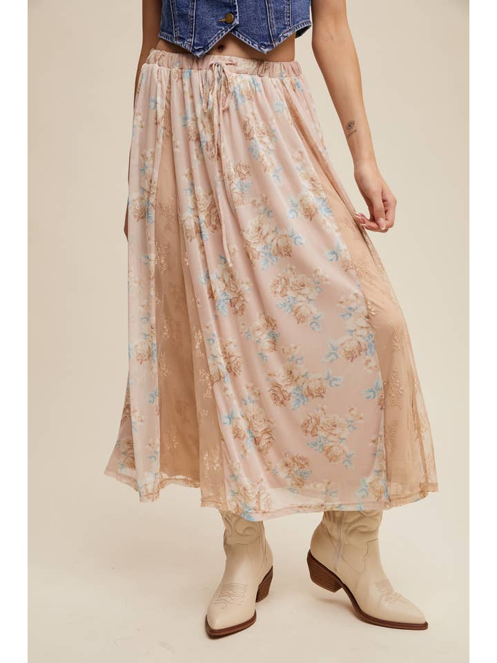 Floral Mesh and Lace-Panel Midi Skirt