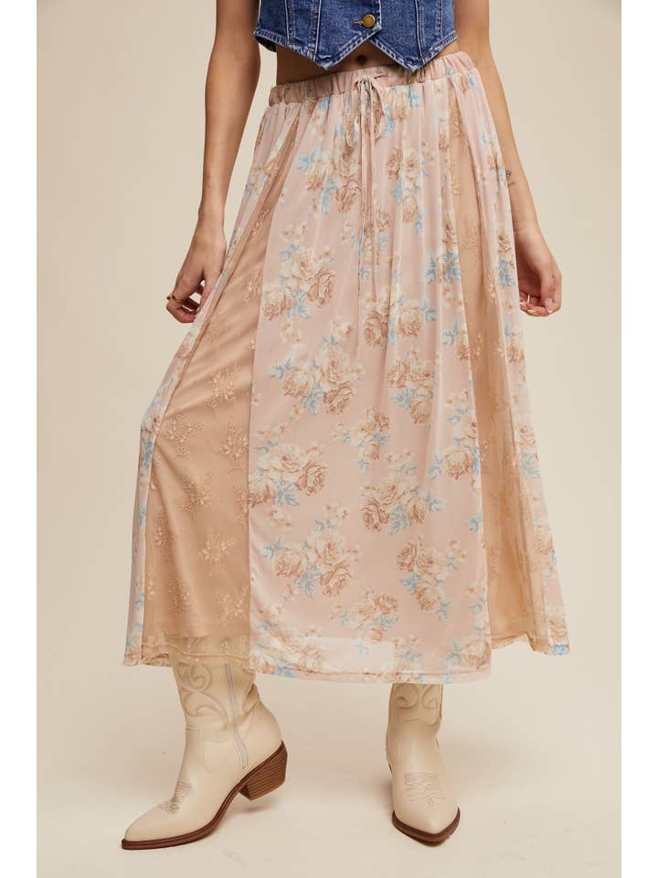 Floral Mesh and Lace-Panel Midi Skirt