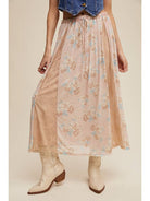 Floral Mesh and Lace-Panel Midi Skirt