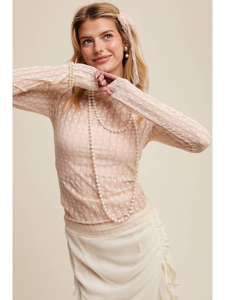 Semi Sheer Textured Lace Long-Sleeve Layering Top LT1424